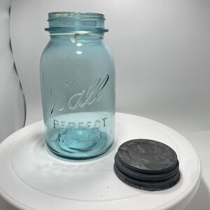 Vtg Ball Perfect Mason Green Glass Jar w Zinc Lid Wide Mouth Quart #3